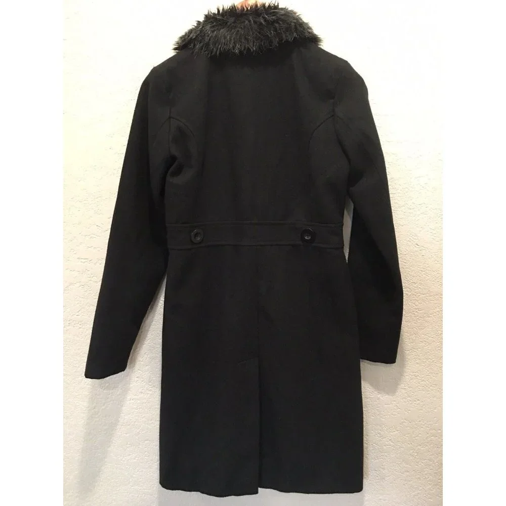 Voice  Long Wool Coat Faux Fur Collar Button Up Fully Lined - Picture 2 of 16